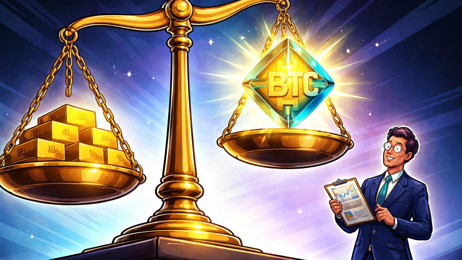 Balança cartoon com cristal Bitcoin superando pilha de ouro, banqueiro estilizado surpreso, ilustrando análise do JPMorgan sobre superioridade do BTC