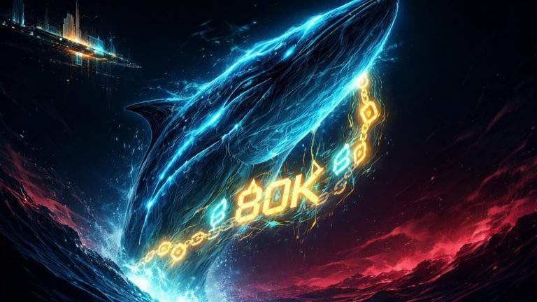 Silhueta de baleia cyberpunk emergindo com fluxo de 80K ETH de plataforma exchange, simbolizando retirada massiva em mercado em baixa