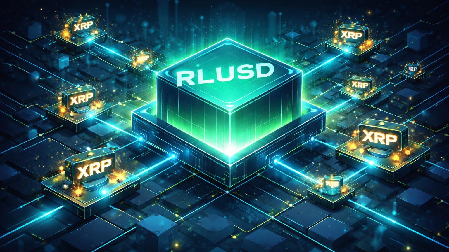 Rede isométrica do XRP Ledger com nós ativos e RLUSD central luminoso, simbolizando recordes e adoção no ecossistema Ripple