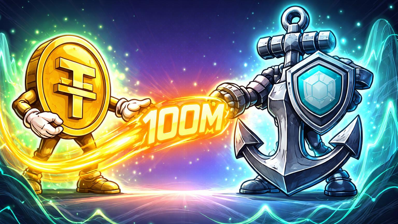 Personagens cartoon Tether e Anchorage conectando fluxo dourado com '100M', simbolizando investimento institucional e maturidade em stablecoins regulados