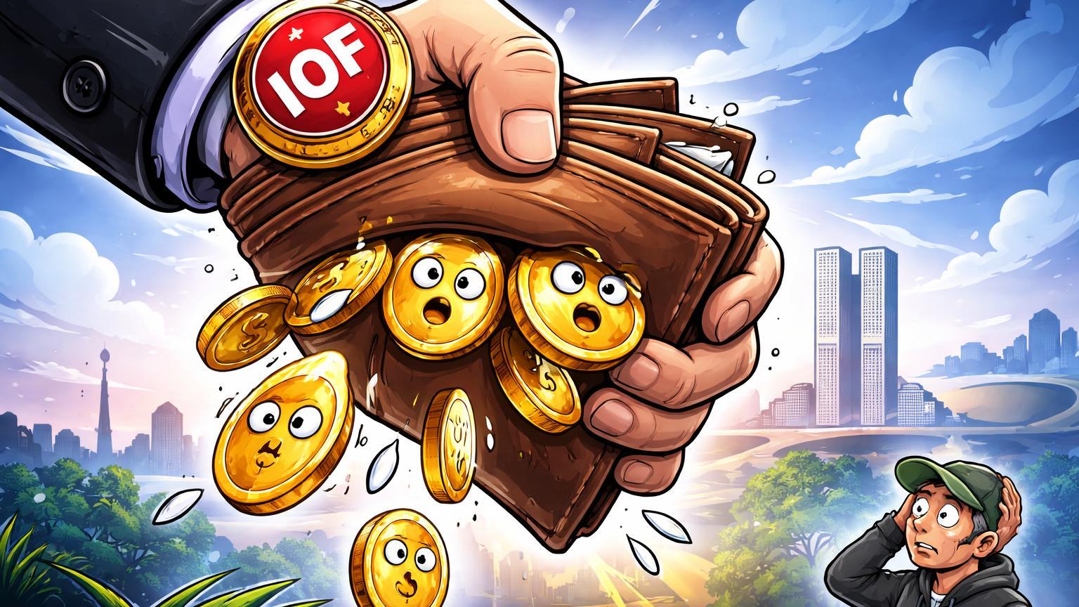 Mão governamental cartoon apertando carteira de stablecoins com selo IOF, simbolizando impacto de imposto em cripto no Brasil