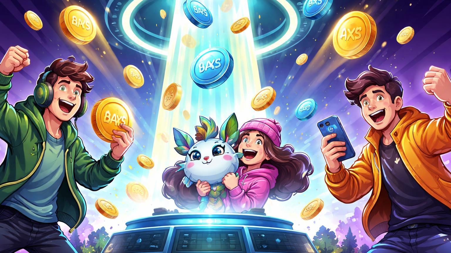 Personagens cartoon gamers coletando tokens bAXS de portal airdrop sobre plataforma staking AXS, celebrando distribuicao gratuita no Axie Infinity