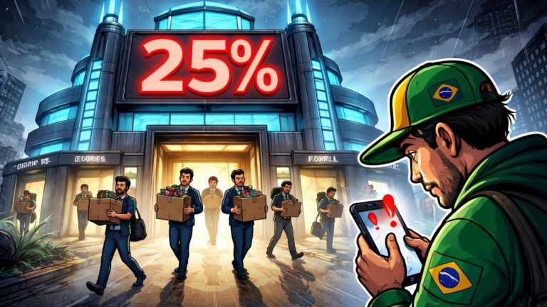 Funcionários cartoon saindo de prédio exchange com placa 25% vermelha e portas Europa fechando, usuário preocupado checando celular, alertando riscos da Gemini