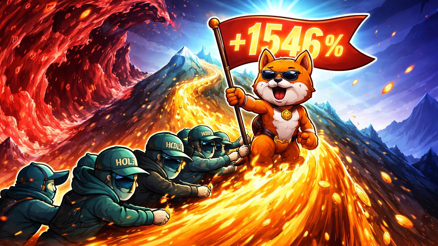 Traders cartoon varejo impulsionando fluxo SHIB laranja uphill contra avalanche vermelha de liquidações, destacando resiliência do memecoin em meio a turbulência de mercado