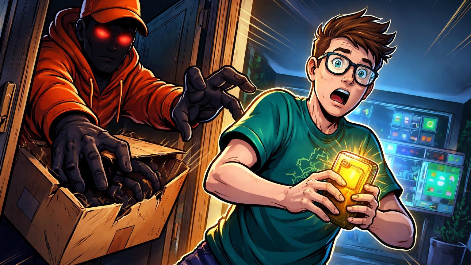 Holder cartoon em pânico defendendo carteira cripto de entregador falso sombrio na porta, alertando roubos físicos contra holders em Londres