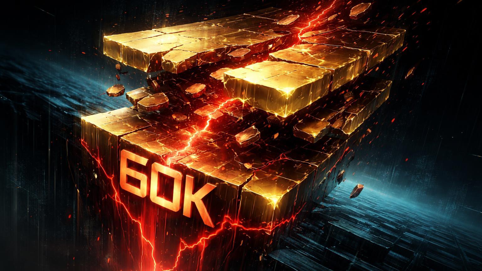 Plataforma cristalina dourada com suportes rompidos e cascata de fragmentos caindo rumo à barreira 60K, simbolizando queda do Bitcoin e liquidações