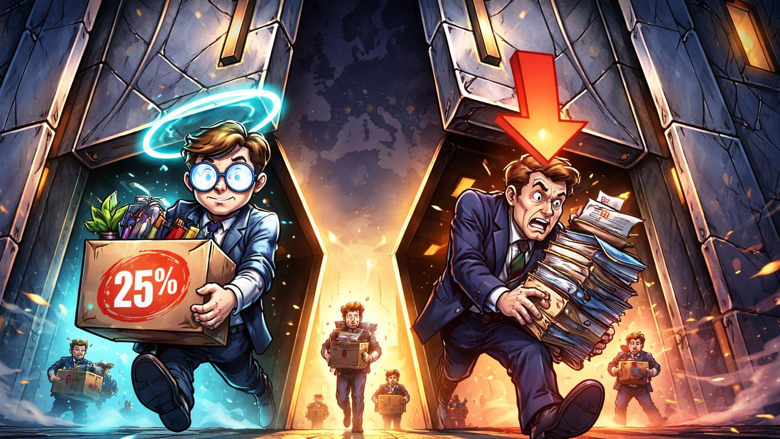 Executivos cartoon tech saindo de portas europeias com caixas de 25% demissões e seta vermelha na Amazon, simbolizando recuo setorial em IA