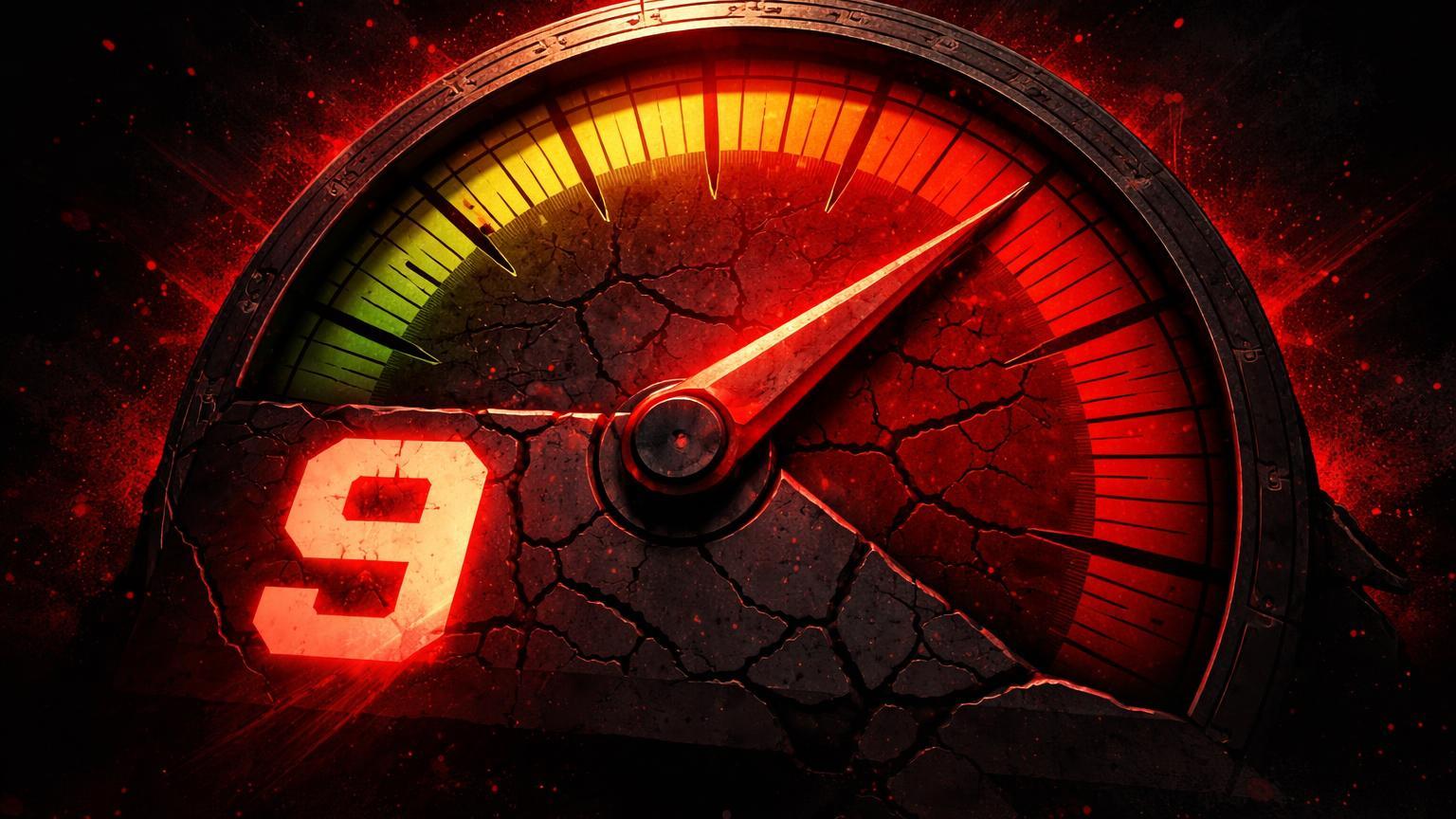 Medidor de medo e ganância com agulha no extremo 9 vermelho, representando pânico no mercado cripto e oportunidades para investidores