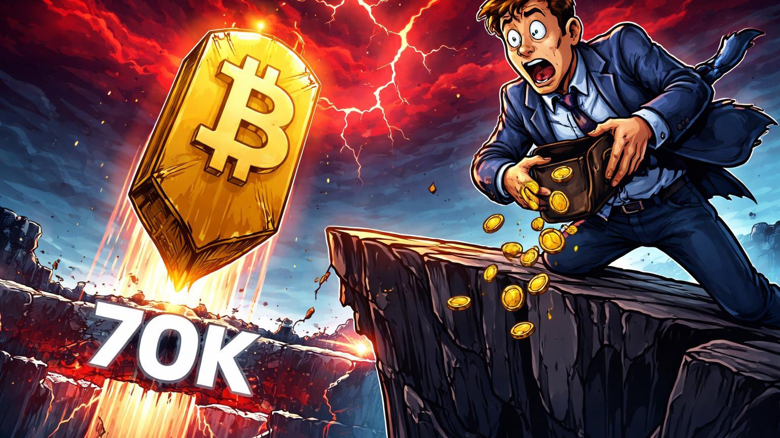 Investidor cartoon alarmado vendo monolito Bitcoin cair abaixo linha 70K rachada em meio a tempestade vermelha geopolítica
