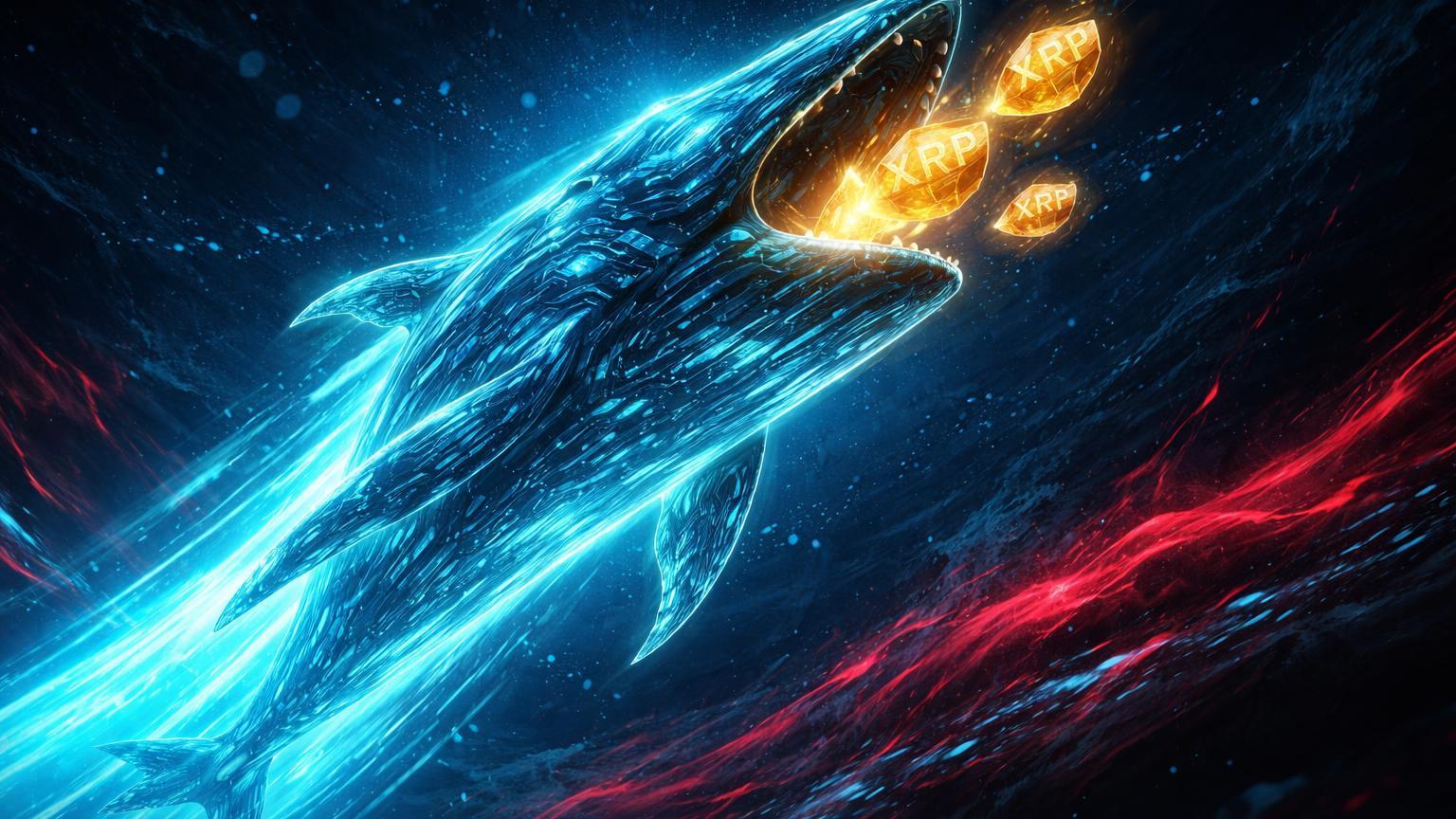 Baleia digital cyan coletando cristais XRP dourados contra correntes descendentes vermelhas, simbolizando acumulação de whales e velocidade recorde em queda de preço