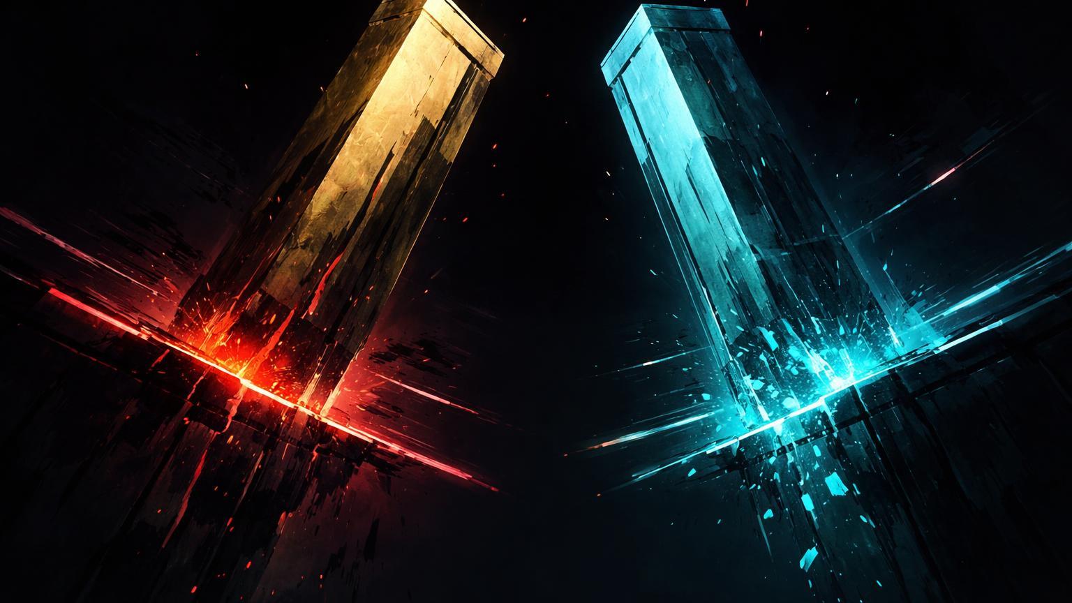 Pilares digitais de BNB dourado e Cardano ciano rachando em bases com linhas de suporte vermelhas, simbolizando queda e suportes críticos em altcoins