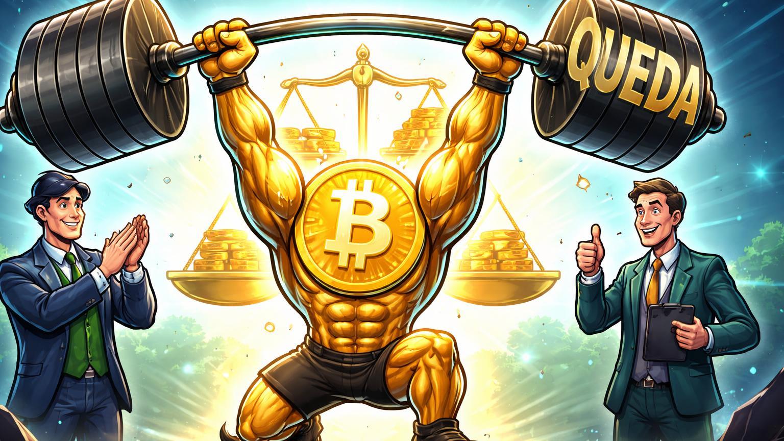 Bitcoin atleta cartoon aprovado por executivos de bancos após teste de força na queda, com equilíbrio ouro-BTC simbolizando maturidade institucional