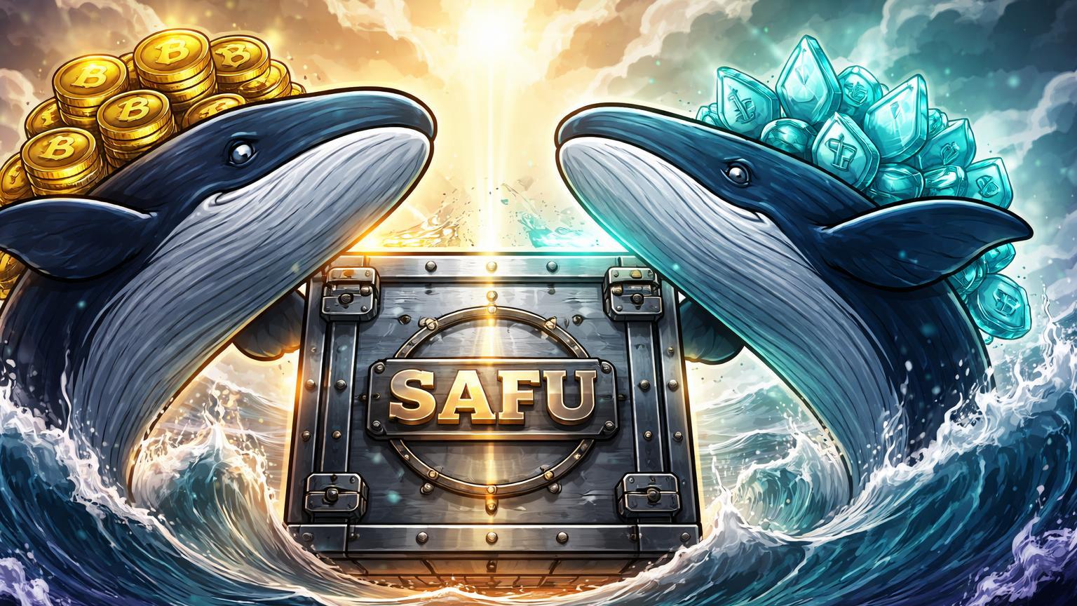 Baleias cartoon emergindo de mar volátil para depositar BTC dourado e ETH cyan no cofre SAFU, sinalizando acumulação institucional