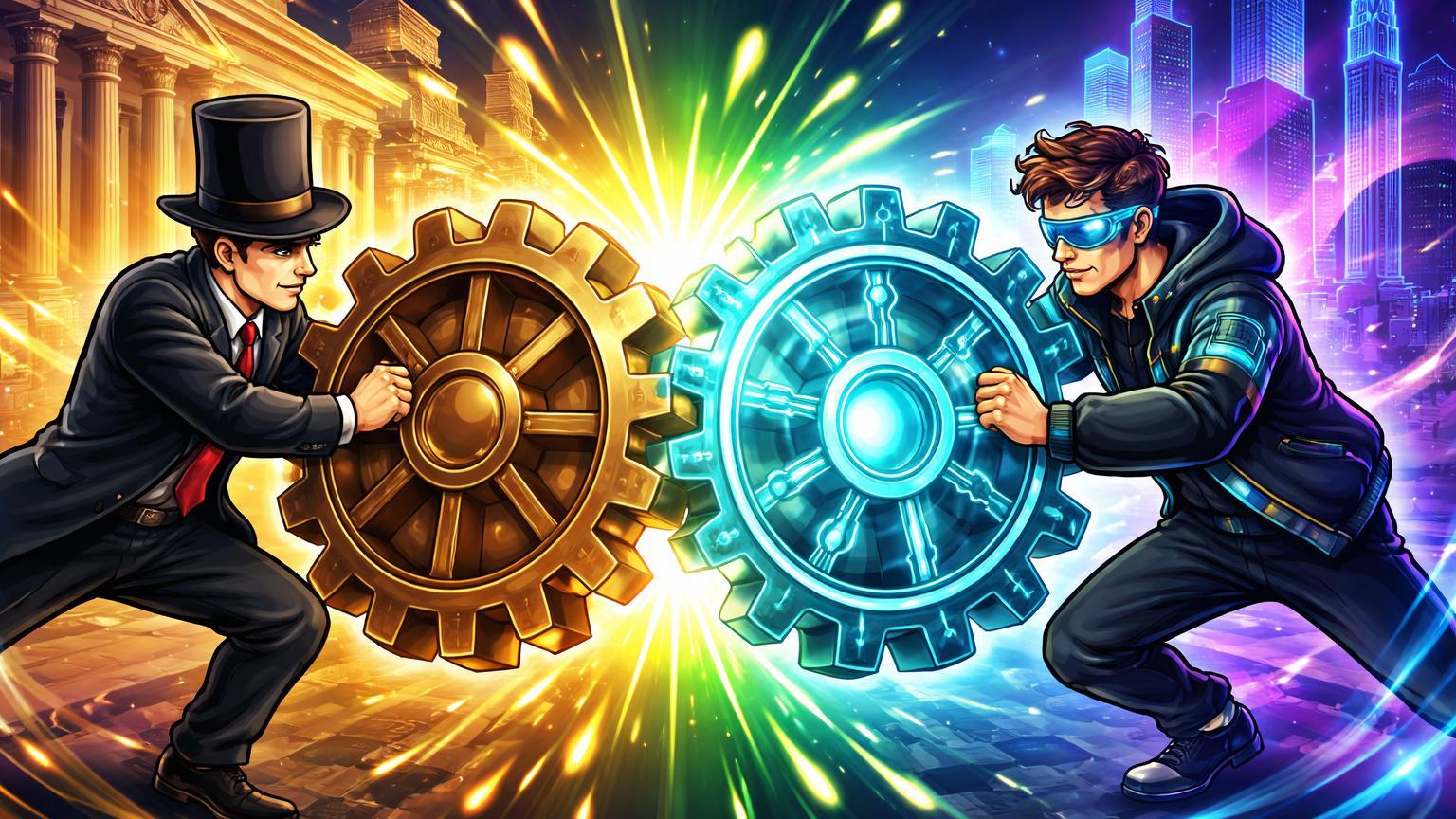 Personagens cartoon sincronizando engrenagens bancárias tradicionais e digitais neon, simbolizando cripto como colateral em empréstimos da Sberbank