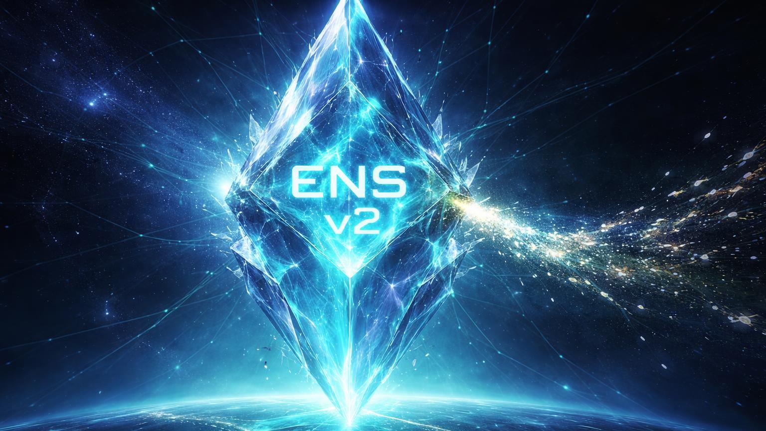 Estrutura cristalina dissipando ramo L2 para fortalecer núcleo Ethereum com ENS v2 luminoso, simbolizando pivot estratégico do Namechain