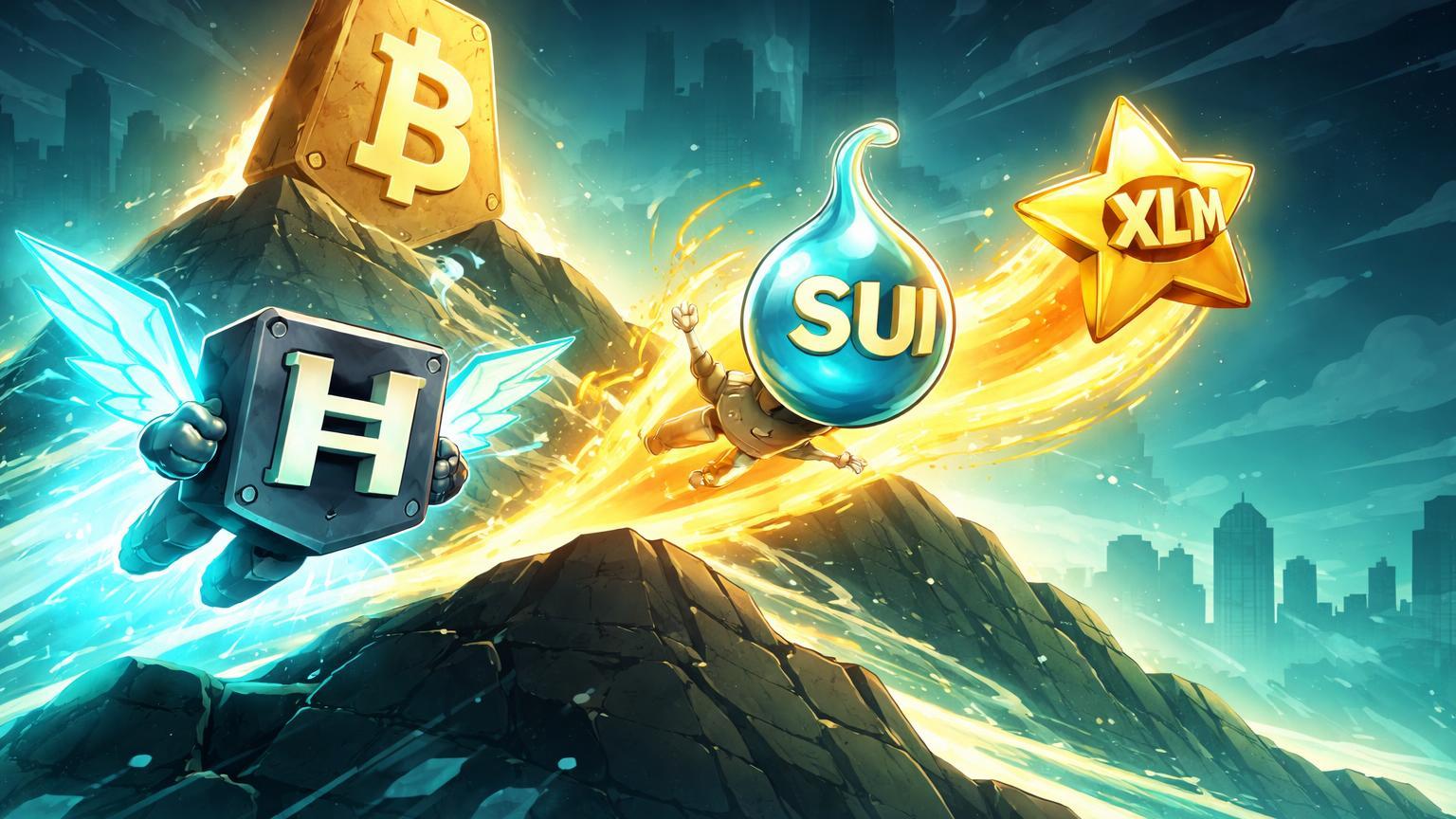 Personagens cartoon HBAR, SUI e XLM liderando ascensão por montanha digital com Bitcoin atrás, simbolizando recuperação liderada por altcoins
