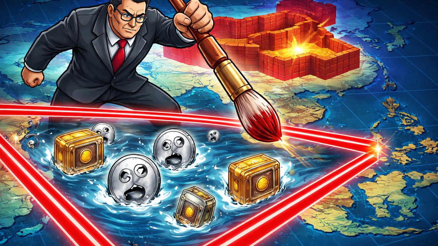 Burocrata cartoon traçando quatro linhas vermelhas em mapa digital, isolando stablecoins e RWA offshore, simbolizando repressão chinesa a cripto