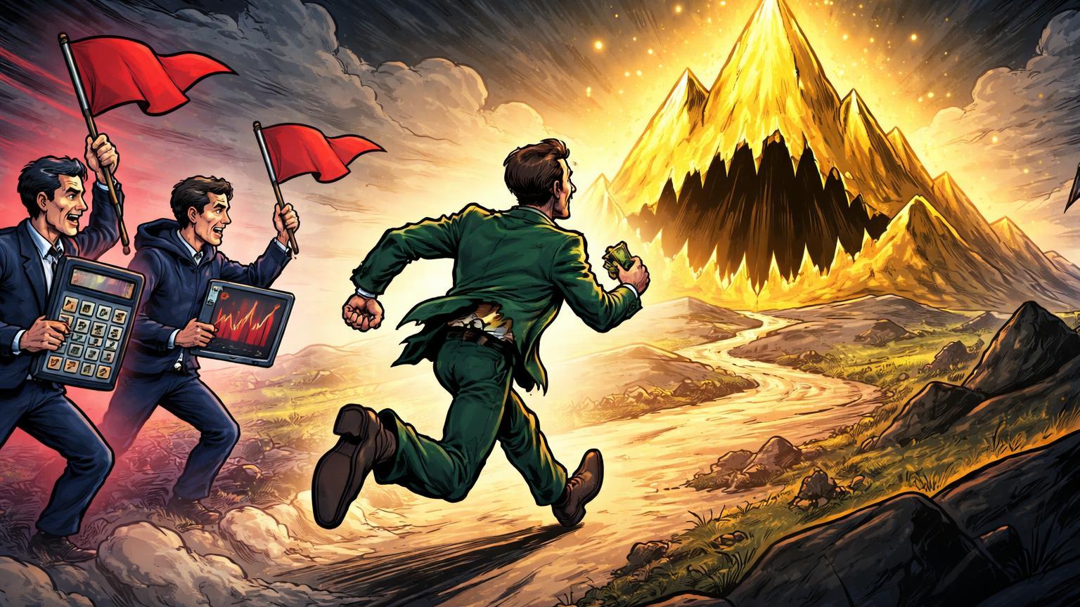 Analistas cartoon de Citi e Matrixport alertando investidor eufórico sobre miragem de alta falsa, representando risco de armadilha no mercado cripto