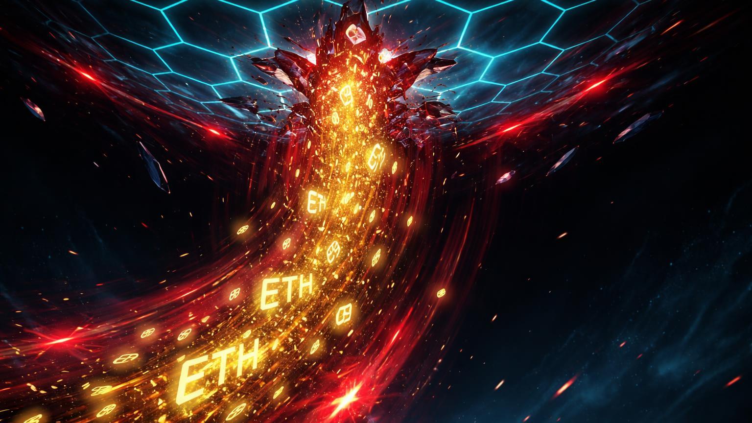 Rede hexagonal DeFi rompendo com cascata de partículas ETH dourado em vórtice descendente, simbolizando liquidação massiva de baleia na Aave