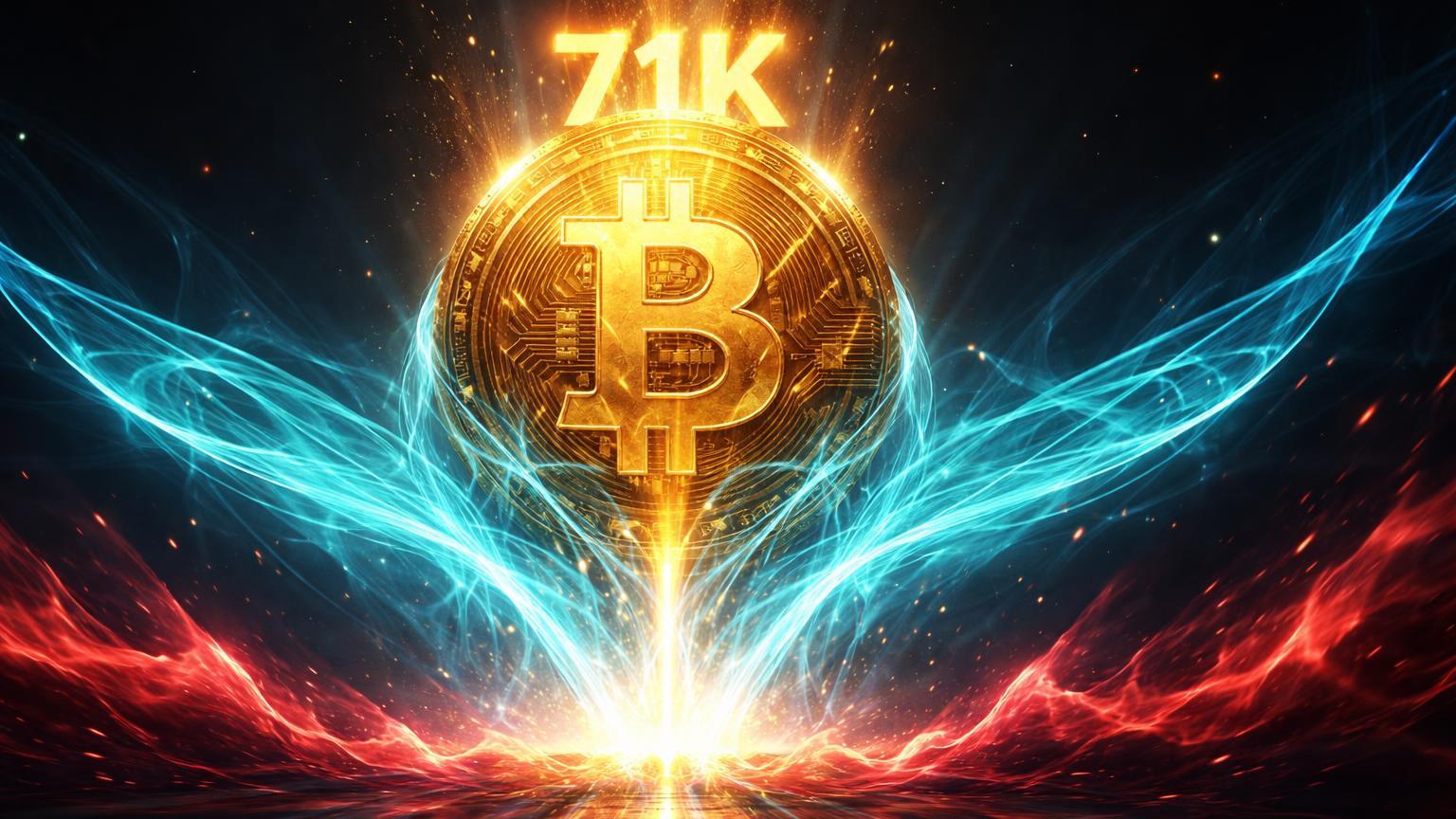 Núcleo dourado Bitcoin impulsionado por rede cyan institucional após absorver ondas vermelhas, com 71K luminoso marcando recuperação técnica
