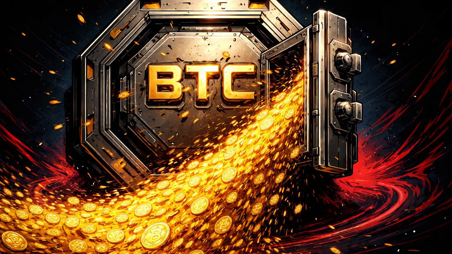 Vault digital hexagonal com porta entreaberta vazando fluxo dourado de BTC caótico em vórtice vermelho, simbolizando erro operacional na Bithumb