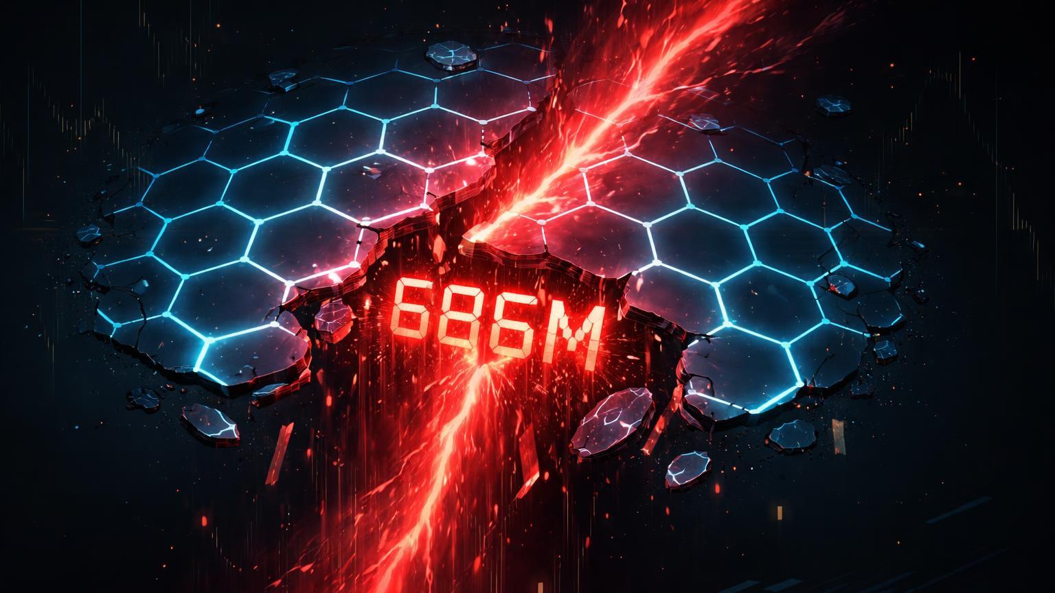 Rede hexagonal DeFi rachada com fluxos vermelhos de liquidação e '686M' fragmentado, ilustrando crashes ETH/BTC e perdas em DeFi