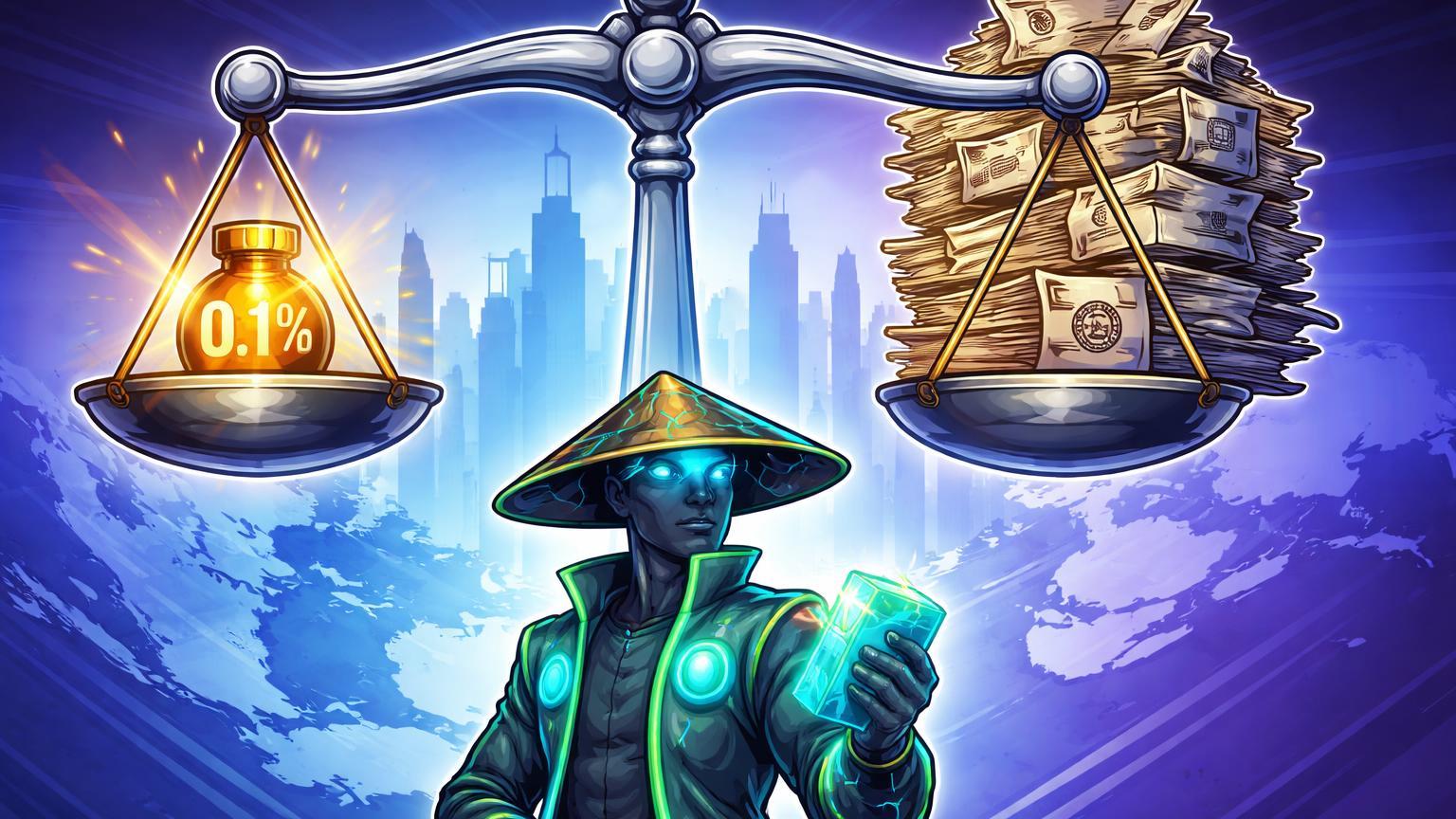 Balança cartoon equilibrando pequeno peso 0.1% dourado e pilha de regras burocráticas, com personagem hub cripto confiante, ilustrando proposta fiscal no Vietnãm