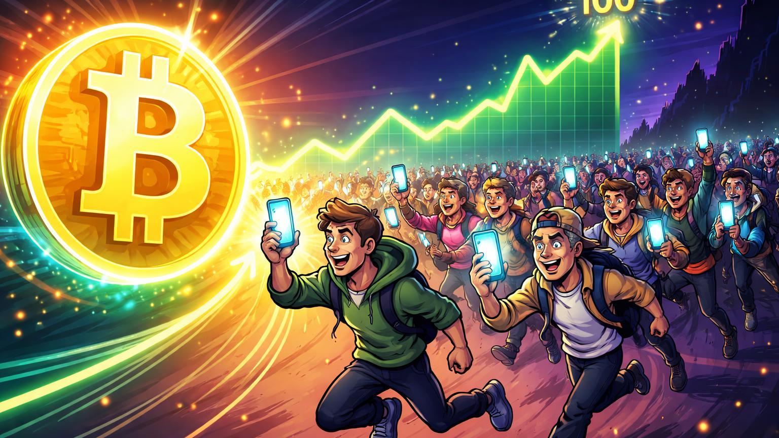 Multidão cartoon de investidores varejistas correndo animados para símbolo BTC com gráfico de buscas subindo, indicando retorno do varejo ao Bitcoin