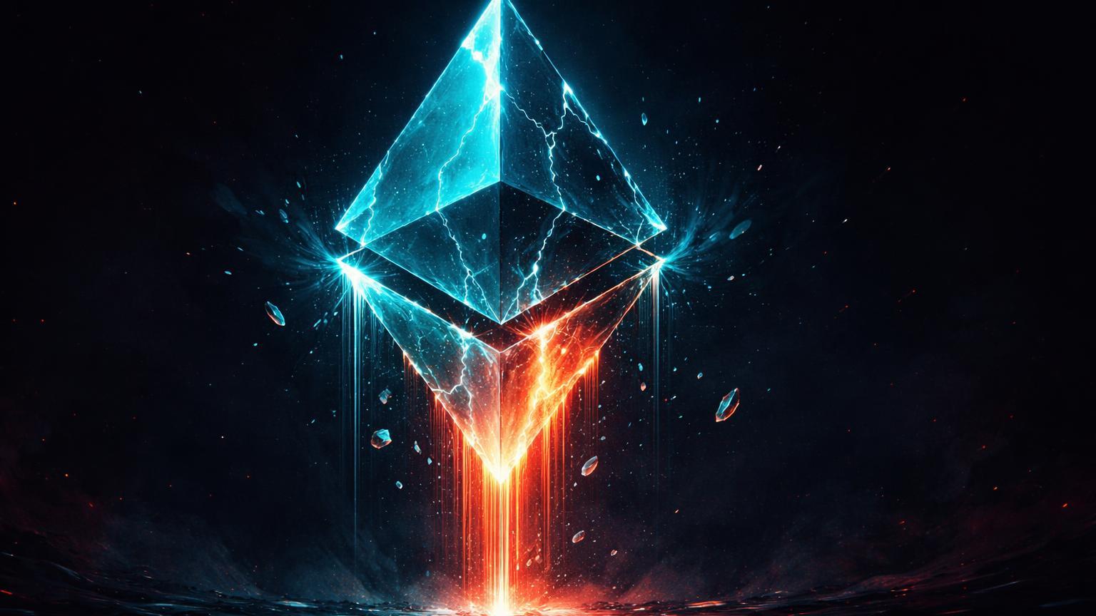 Prisma hexagonal de Ethereum rachado liberando energia cyan, simbolizando saídas de US$ 80 mi em ETFs e liquidações na Coinbase