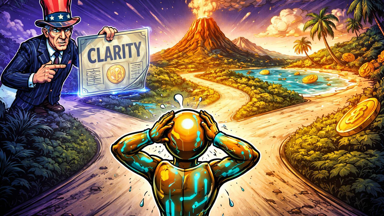 Personagem cripto cartoon em encruzilhada entre burocrata EUA com selo Clarity e vulcão dourado de El Salvador, ilustrando ultimato regulatório
