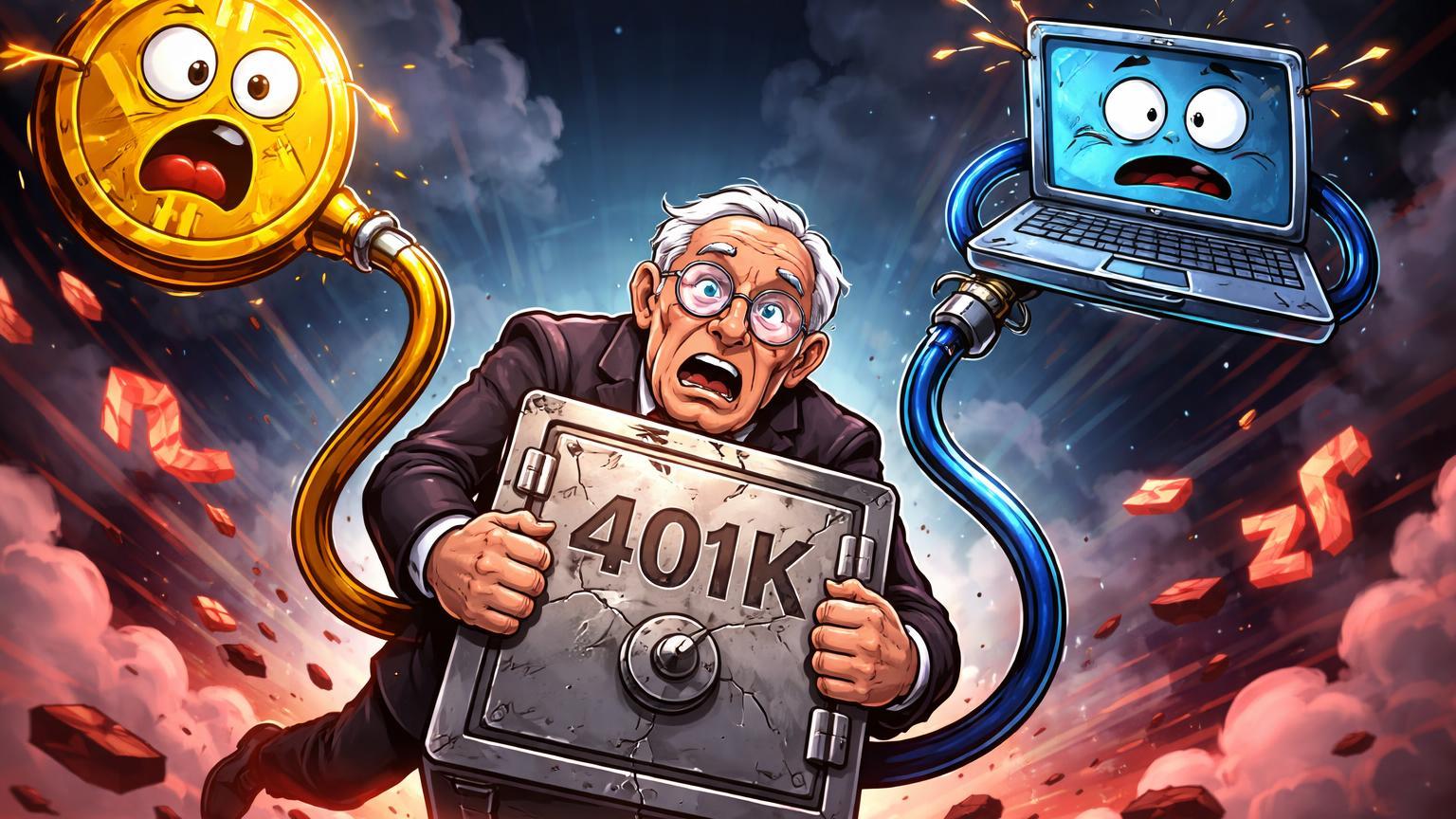 Investidor idoso cartoon segurando cofre 401K puxado por Bitcoin e laptop tech em queda sincronizada, ilustrando correlação e perdas de US$ 2 tri