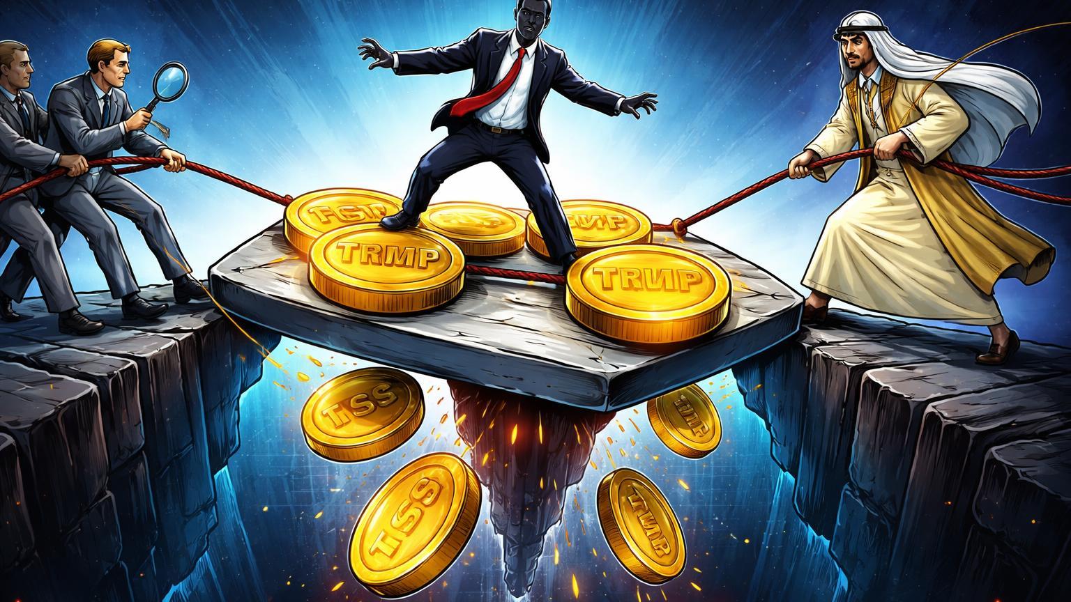 Plataforma cartoon instável com tokens TRUMP e WLFI caindo, puxada por investigadores de Washington e investidor dos EAU, ilustrando conflitos de interesse