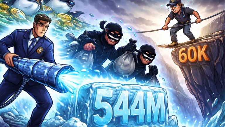 Agente regulador cartoon congelando ladrões com 544M em gelo, trader Bitcoin tenso em suporte 60K e baleias acumulando XRP