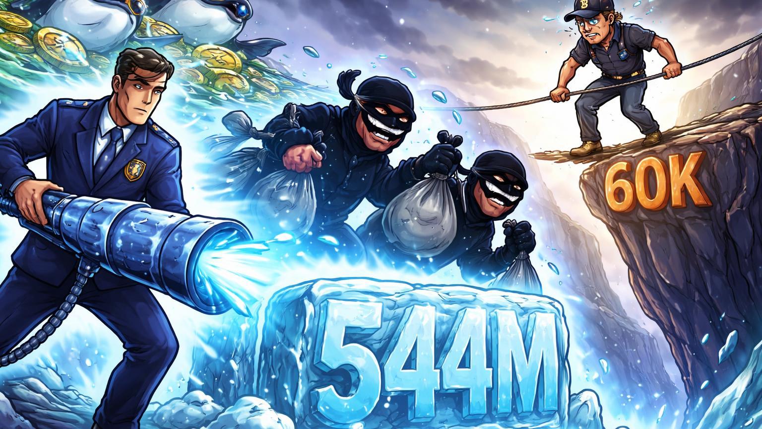 Agente regulador cartoon congelando ladrões com 544M em gelo, trader Bitcoin tenso em suporte 60K e baleias acumulando XRP