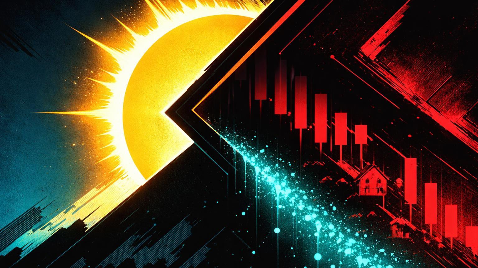 Sol dourado eclipsado por sombra vermelha angular com barras descendentes e casas invertidas, simbolizando recessão drenando liquidez do Bitcoin