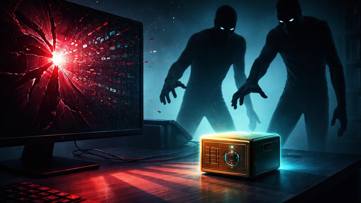 Sombras de ladrões projetadas de tela digital rachada alcançando wallet hardware, simbolizando roubos fisicos via dados vazados em cripto