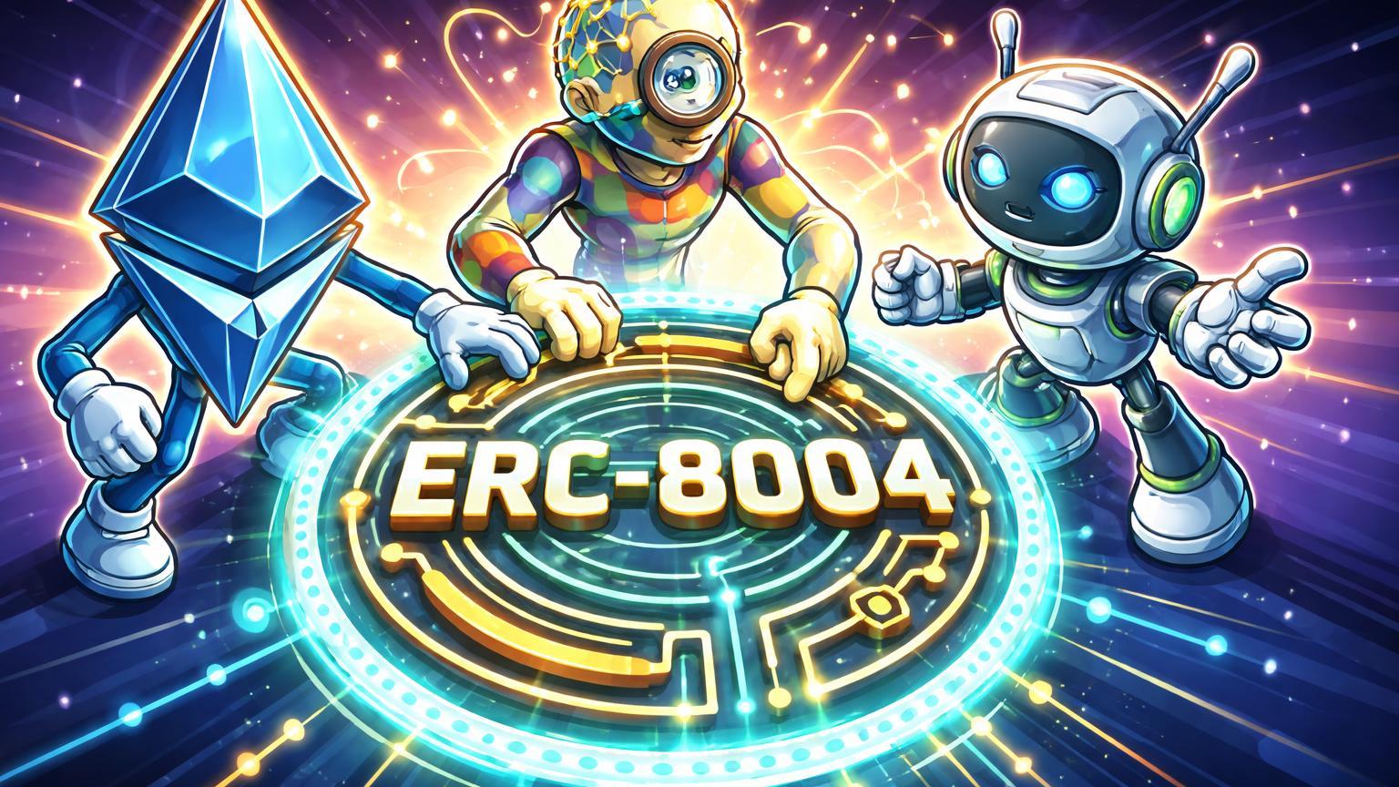 Personagens cartoon de Ethereum, Google e agente IA ativando selo ERC-8004, simbolizando identidade blockchain para automação segura