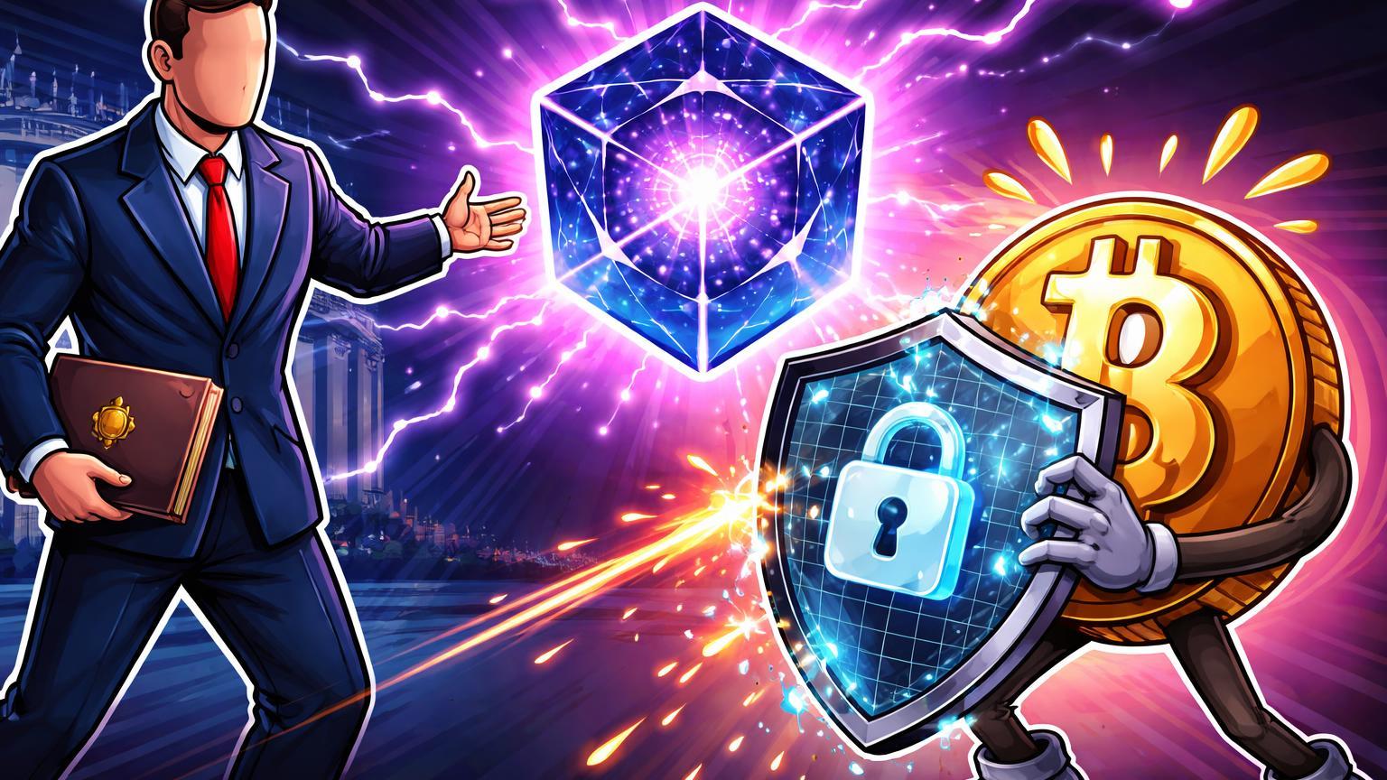 Figura cartoon da Casa Branca apresentando cubo quântico a personagem Bitcoin alarmado com escudo glitchando, alertando sobre ameaça à criptografia