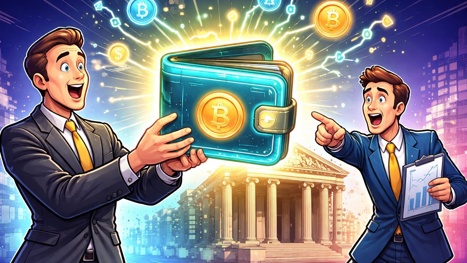 Executivos cartoon com wallet cripto luminosa suplantando banco tradicional desvanecente, consultor alerta sobre tendência financeira digital