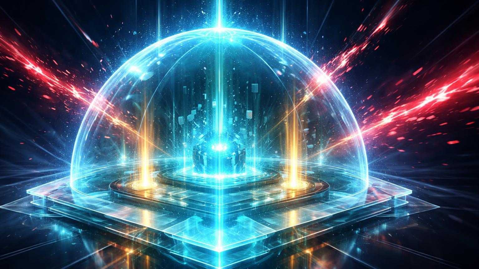 Domo glassmorphism translúcido protegendo plataforma DeFi de fluxos vermelhos de bad debt, com reforços cyan e dourados simbolizando Umbrella da Aave