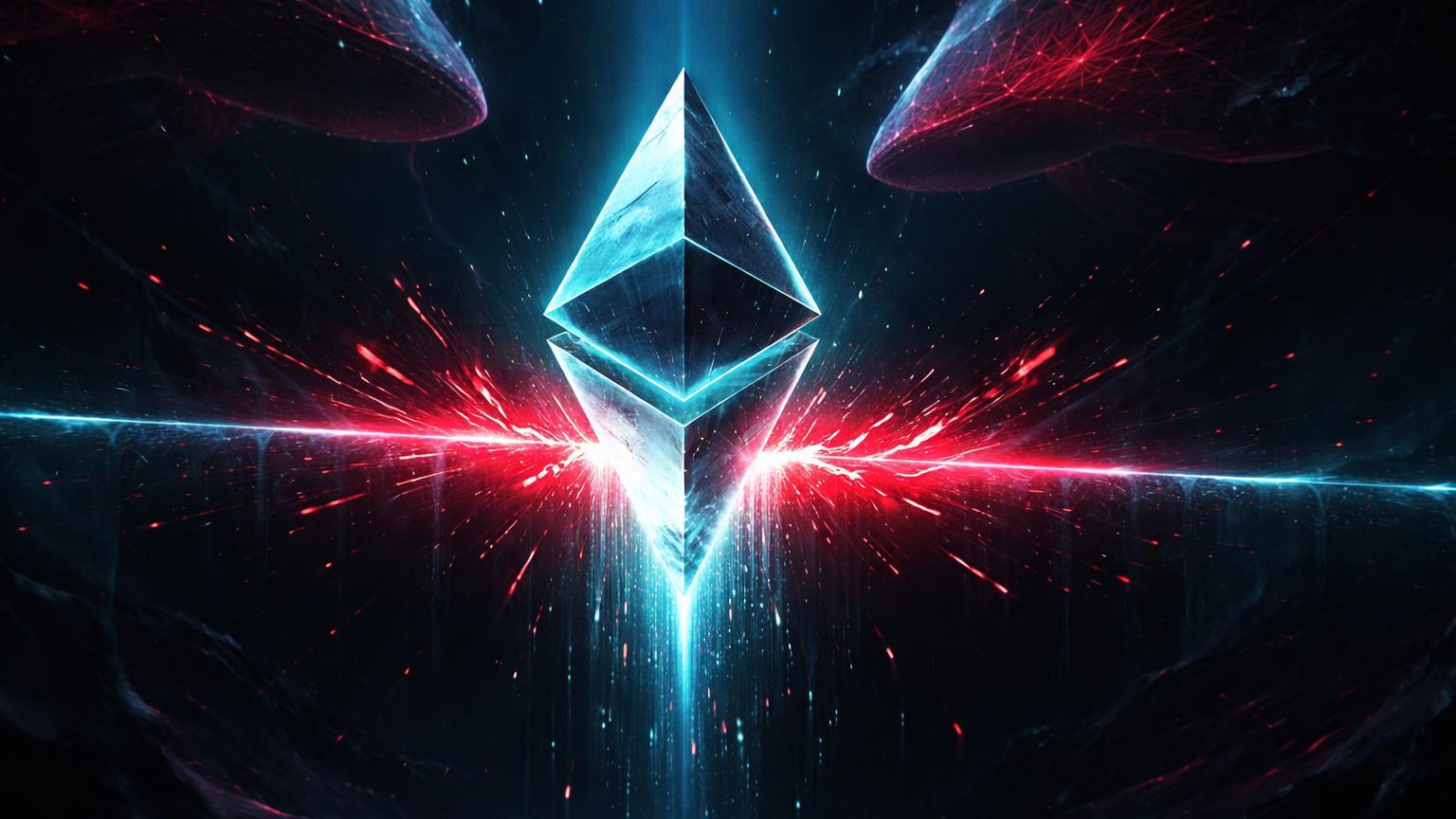 Prisma cristalino Ethereum rompendo barreira vermelha com silhuetas de baleias, sinalizando queda abaixo do custo médio e risco de capitulação