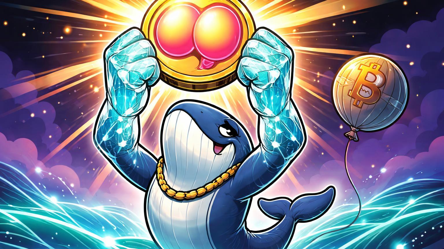 Baleia cartoon com mãos de diamante erguendo meme coin Buttcoin vibrante, enquanto balão Bitcoin murcha, ironizando recorde na Solana