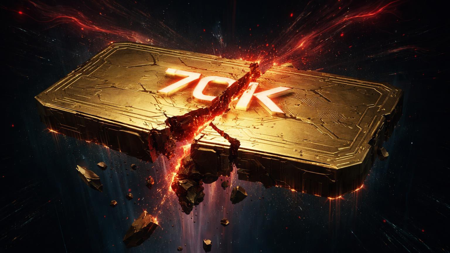 Plataforma digital dourada rachando na marca 70K e desabando em abismo sombrio, simbolizando perda de suporte do Bitcoin em vendas intensas