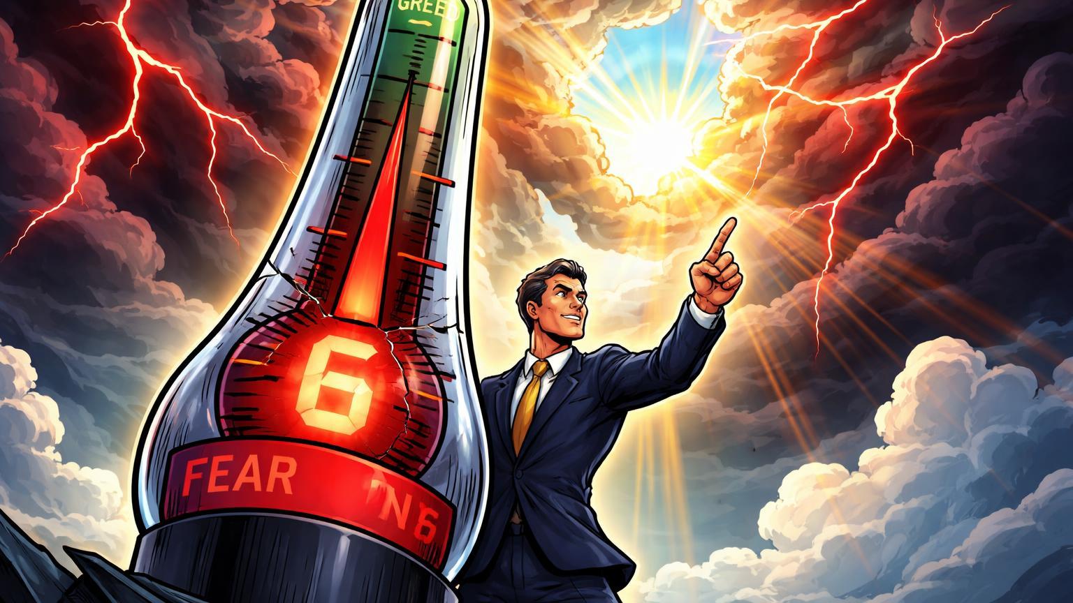 Termômetro de medo marcando 6 rachado segurado por personagem cartoon confiante com sol rompendo tempestade, simbolizando maturação do Bitcoin