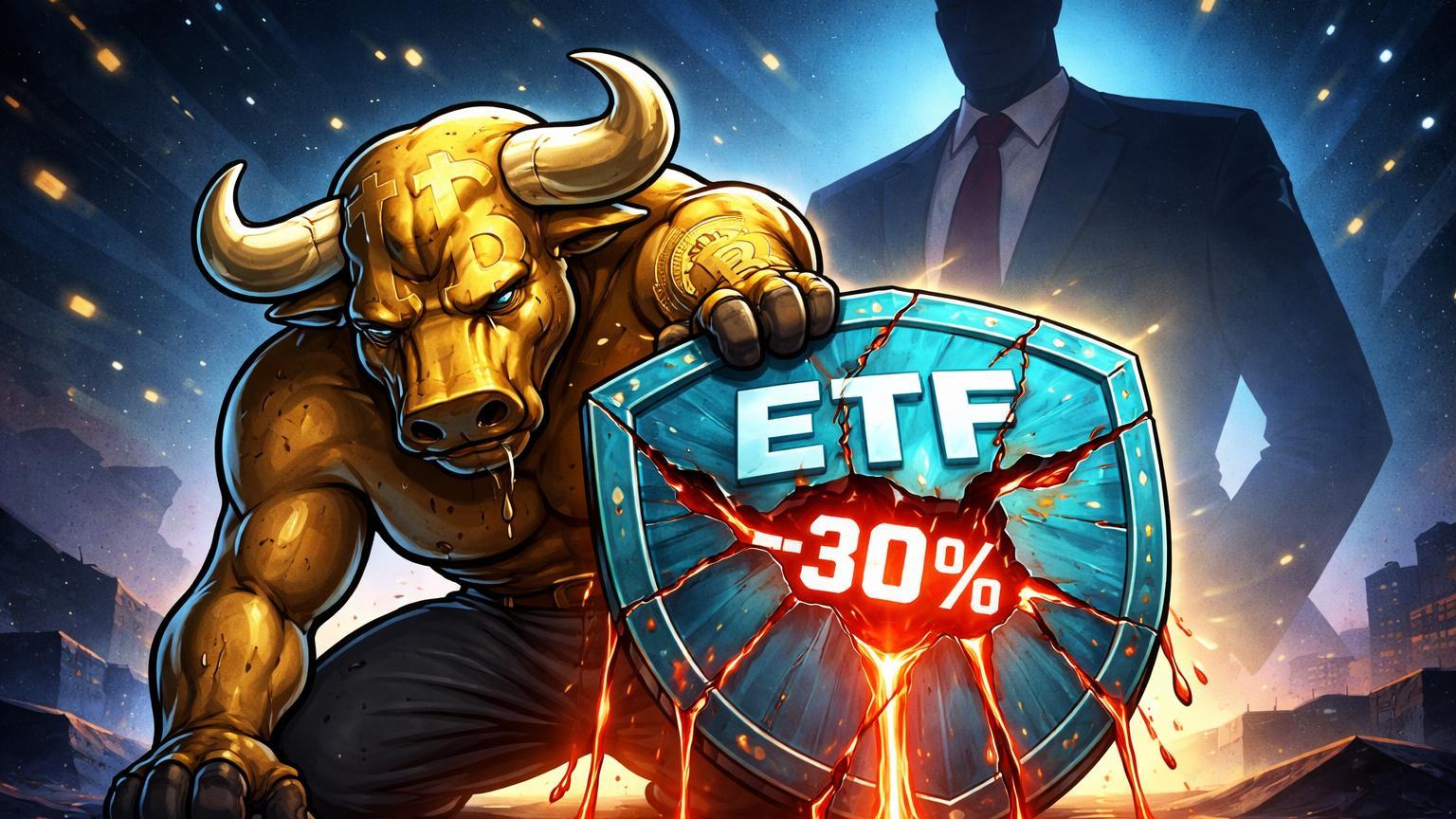 Touro Bitcoin cartoon enfraquecido segurando escudo ETF rachado vazando energia vermelha, com silhueta corporativa ao fundo simbolizando saídas da BlackRock