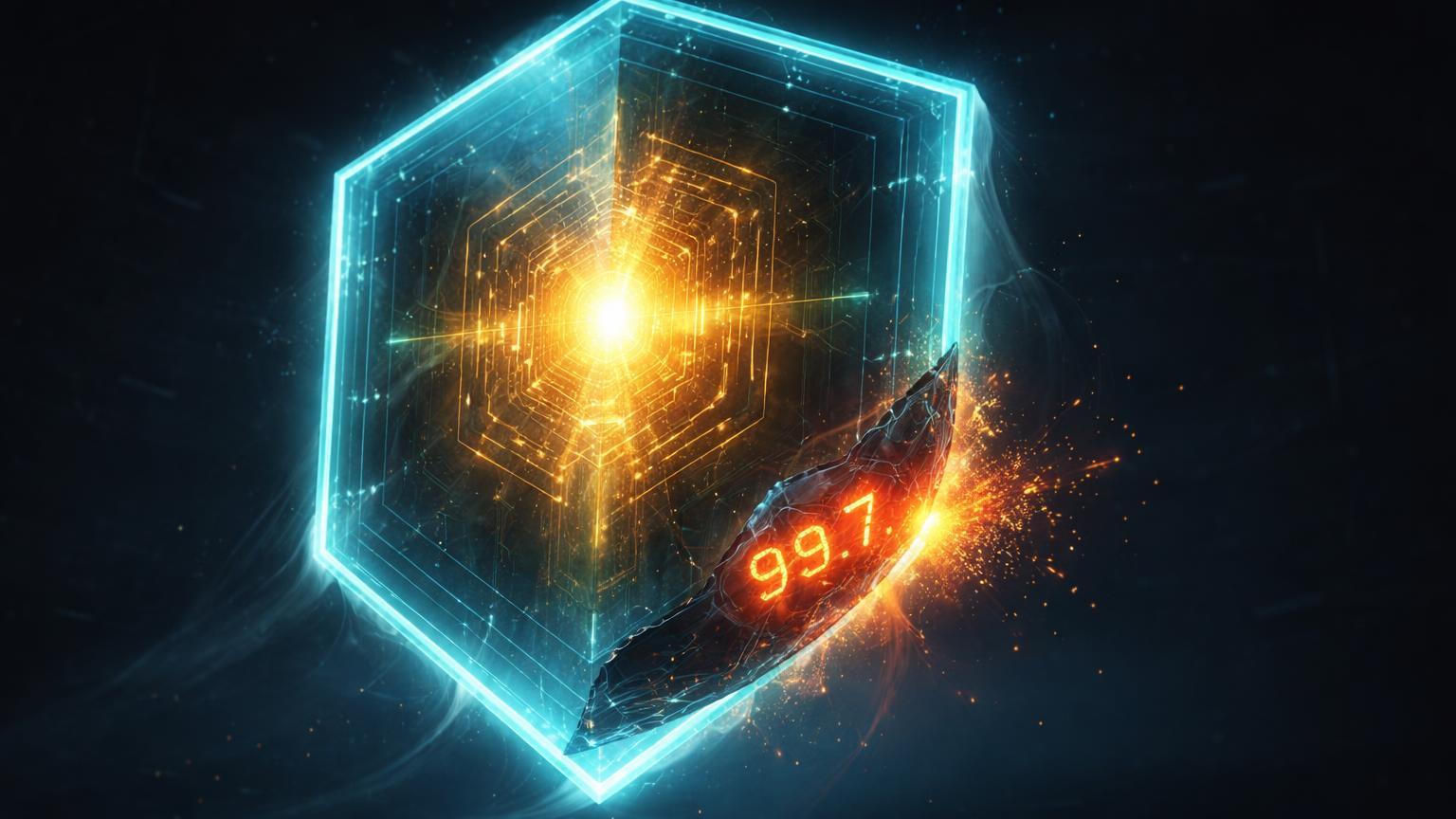 Escudo digital cyan com reparo laranja marcado por 99.7 protegendo núcleo dourado, simbolizando recuperação de erro massivo na Bithumb