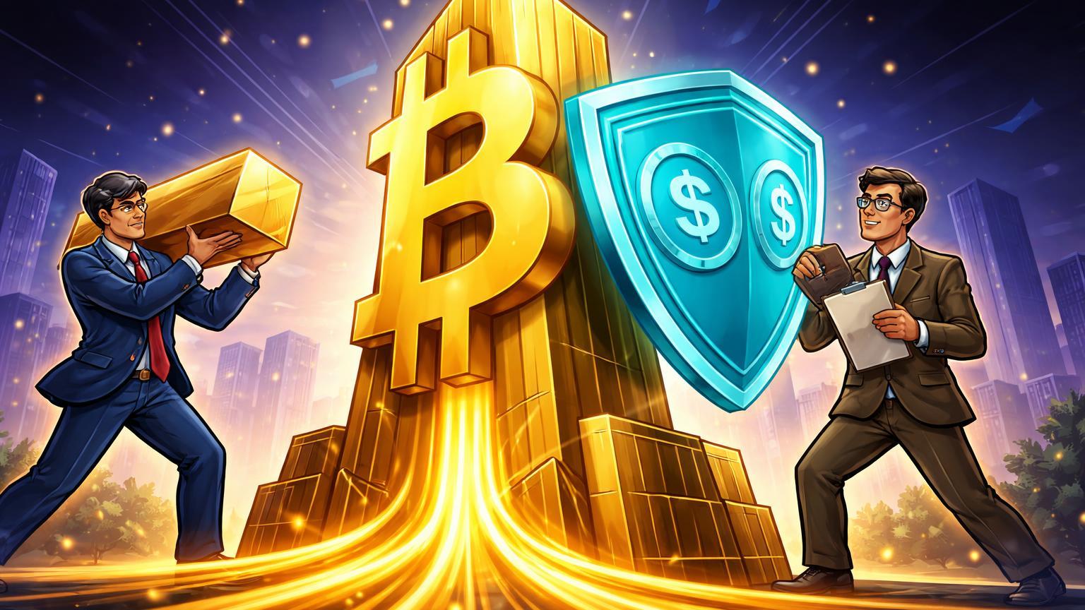 Personagens cartoon de executivo e regulador fortalecendo torre Bitcoin com blocos e escudo, simbolizando avanços institucionais da Nasdaq e CFTC