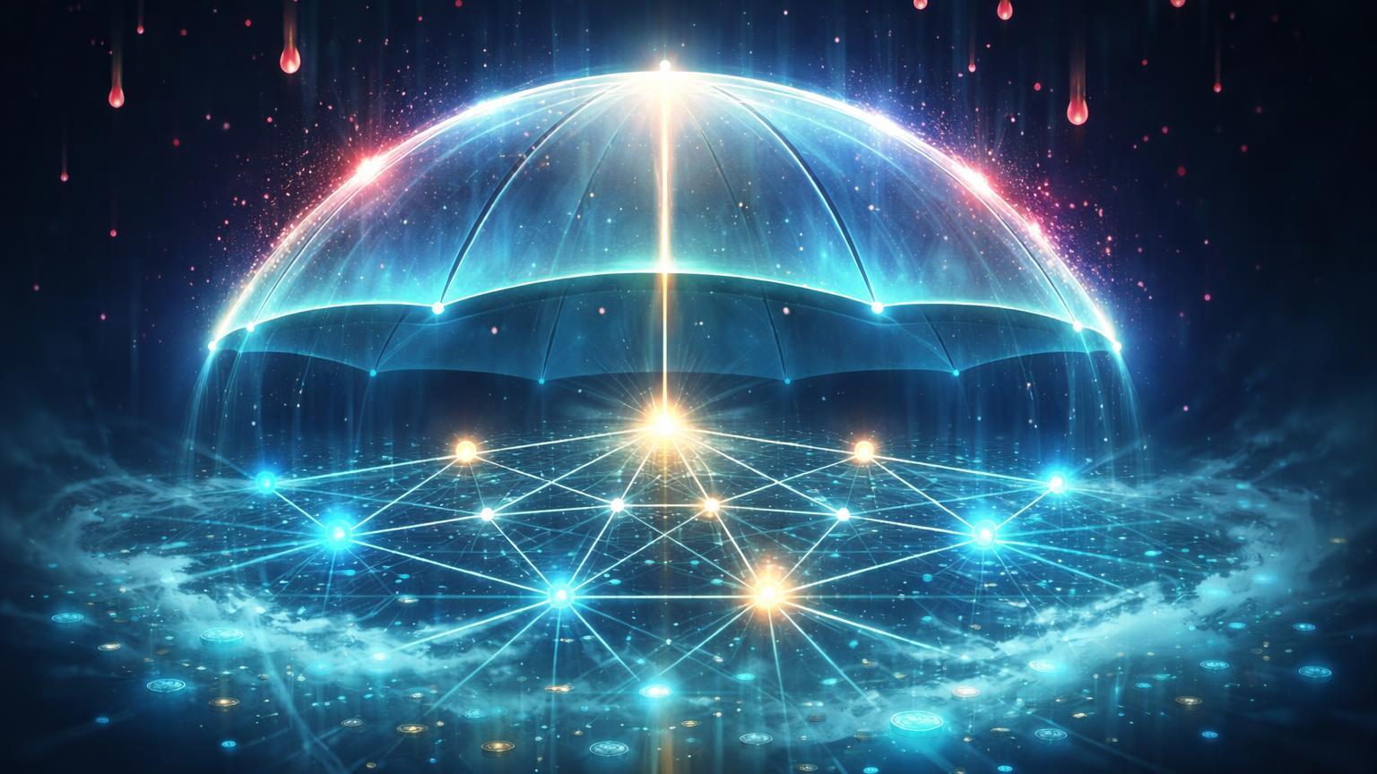 Cúpula glassmorphic em forma de guarda-chuva protegendo rede hexagonal DeFi de partículas vermelhas, simbolizando Aave Umbrella contra dívidas ruins