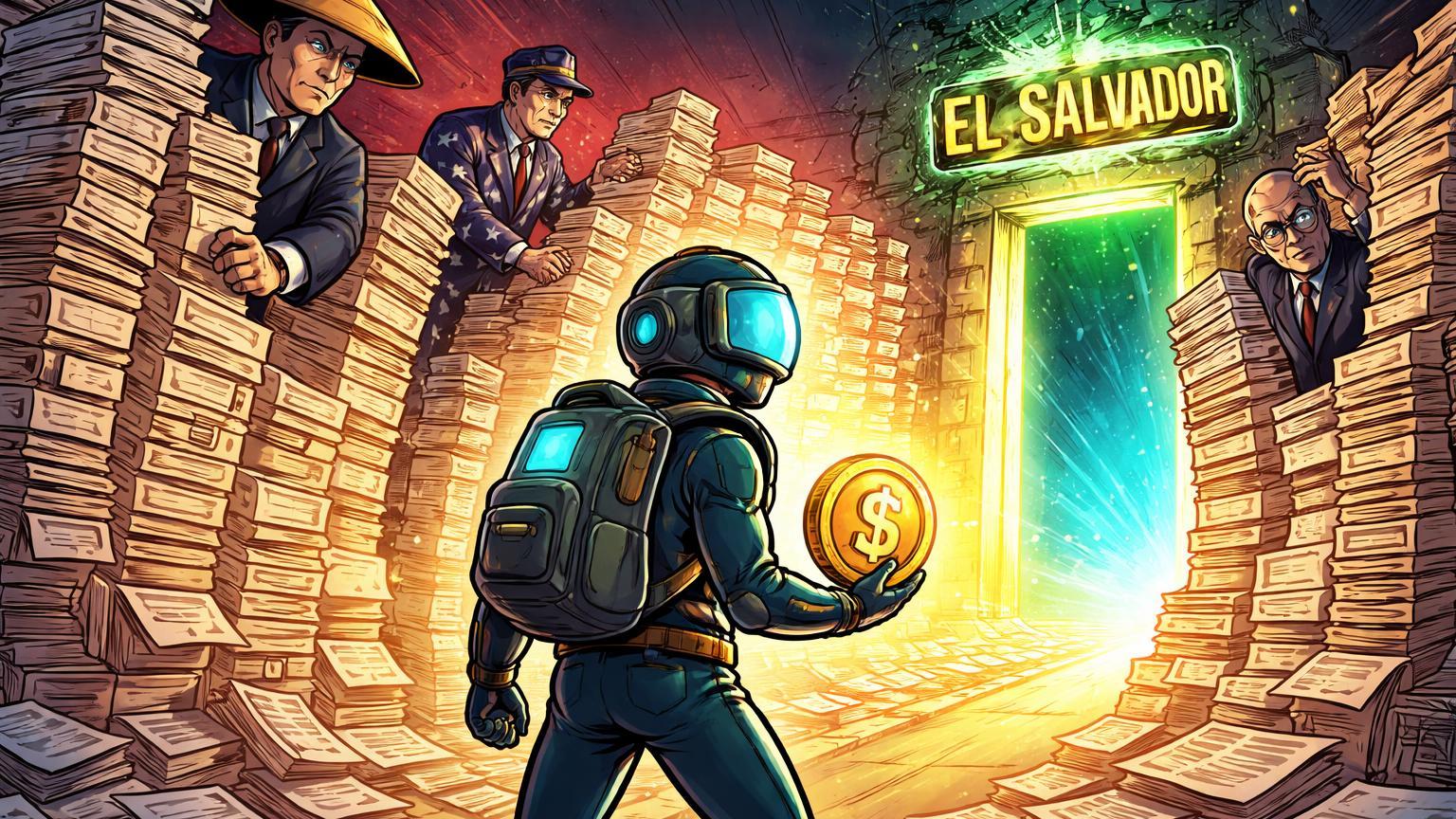 Burocratas cartoon erguendo muralhas de papelada ao redor de investidor cripto com portal para El Salvador, simbolizando cerco regulatório global