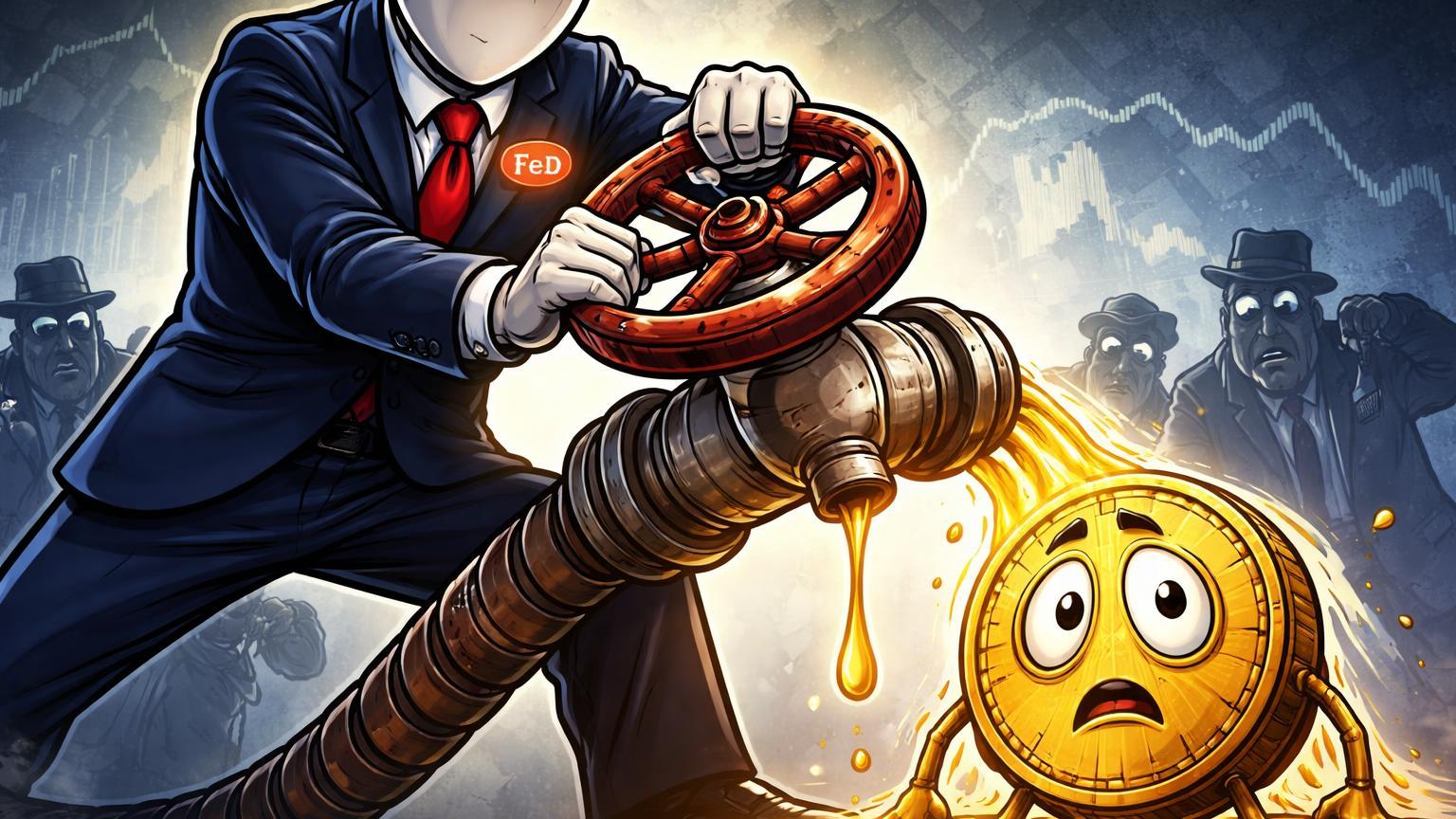 Personagem Fed cartoon fechando válvula de liquidez dourada sobre Bitcoin murchando, com traders ansiosos, simbolizando temores de aperto pelo FOMC